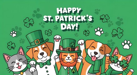 Fototapeta premium Cute pets celebrating St Patrick's Day illustration 