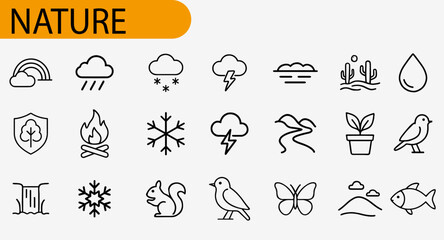 Fototapeta premium A captivating collection of minimalist nature icons, meticulously designed to embody the essence of the great outdoors. Representing a range of elements.