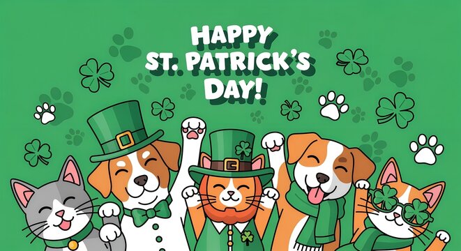 Cute pets celebrating St Patrick's Day illustration
