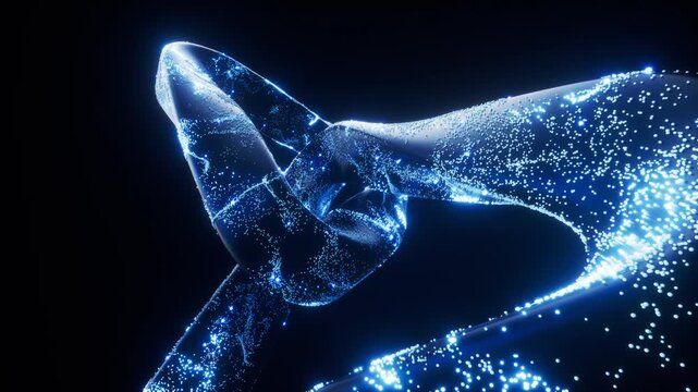 Abstract blue wave animation with sparkling particles moving and flowing fluidly creating dynamic light trails in dark background motion graphic