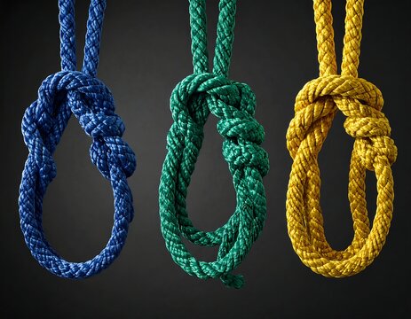 Three colorful ropes tied into hangman's nooses against a dark backdrop