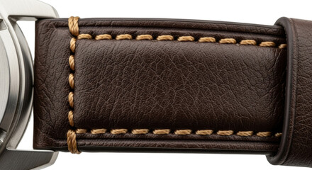 銀色の金属バックルが付いたダークブラウンのレザーベルトを白背景で接写した写真、マットな革のシボと黄土色ステッチの質感、カジュアルなアクセサリーのディテール