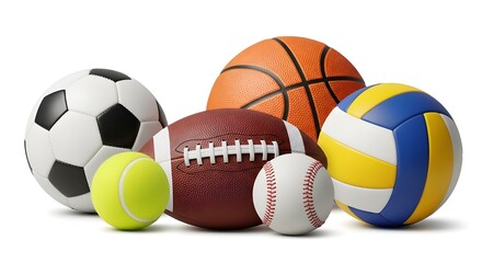 Collection of various sports balls on white background