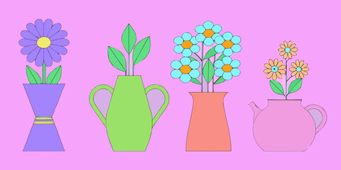 Colorful cartoon flowers in vases against a vibrant pink background