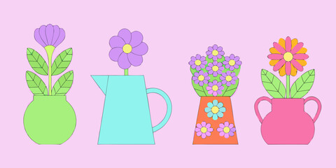 Colorful flower arrangements in whimsical vases a charming illustrated design