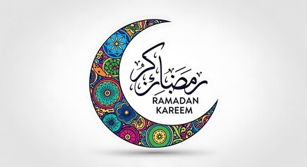 Colorful crescent moon with ramadan kareem text in arabic and english