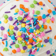 Vibrant sprinkles on a frosted cake top with colorful decorations.