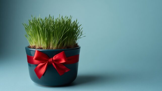 Festive grass pot with red ribbon on turquoise background. Nowruz