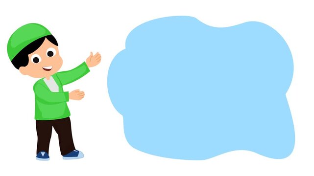 A Muslim boy making a greeting gesture. Animation of muslim boy standing in front of empty space. muslim boys standing with empty space
