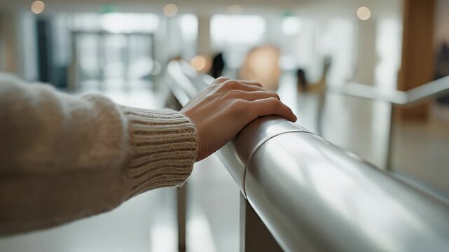 Hand gripping railing during moving transit scene.