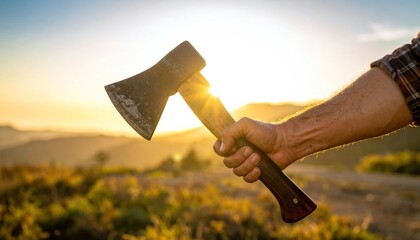 Close-up of a hand holding an axe against a sunset in a natural setting