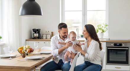 A family of three enjoying a moment together in a modern kitchen.