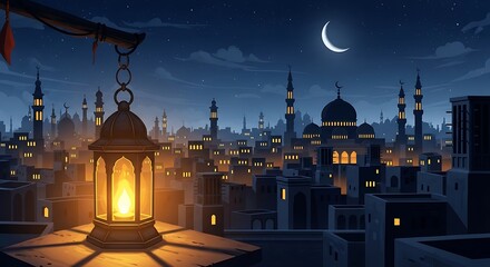 A serene cityscape under the moonlight with a glowing lantern in the foreground