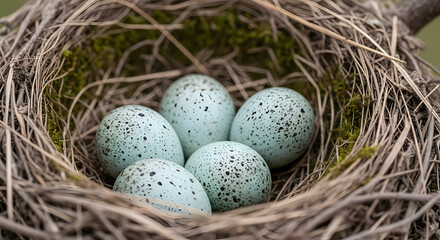 Obraz premium Speckled Blue Eggs Nestled in Twigs and Moss in Natural Bird Nest