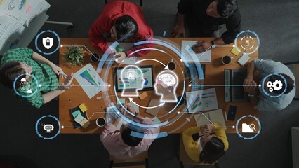 Dynamic group of diverse professionals engaged in an innovative brainstorming session using AI technology in a modern office setting, fostering teamwork and creativity. Raster