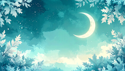 ターコイズの空に輝く三日月と白いオークリーフの秋夜