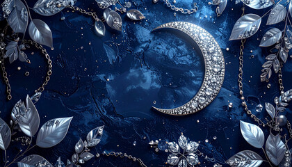 ダイヤモンドの三日月と銀色の葉が舞う濃紺ジュエリー背景