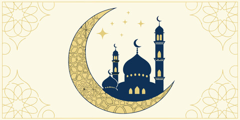 Ramadan kareem vector art with mosque silhouette on golden crescent moon and decorative corners