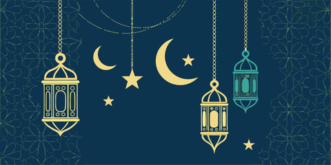 Traditional islamic lanterns and crescent moon hanging on dark background with floral patterns for ramadan festival decoration © ash