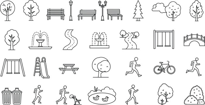 Park outdoor icons set with trees benches playground fountains running cycling people and landscape elements isolated line vector illustration