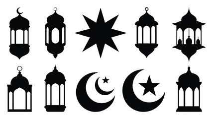 Obraz premium Islamic ramadan symbols and lanterns silhouette set for eid mubarak greeting cards and cultural celebrations decor