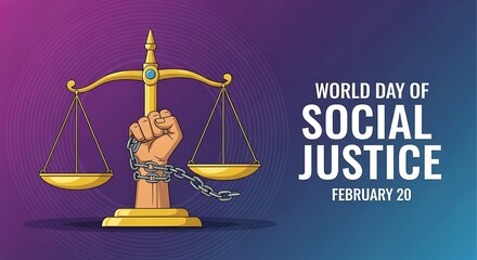 World day of social justice: balancing scales with chained fist