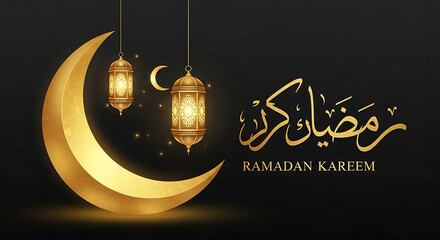 Golden lanterns hanging in front of a crescent moon with ramadan kareem written in arabic