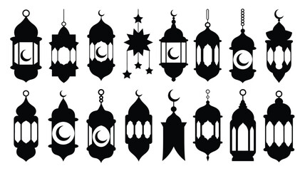 Obraz premium Black silhouettes of ramadan lanterns and crescent moon symbols on white background for islamic holiday decorations