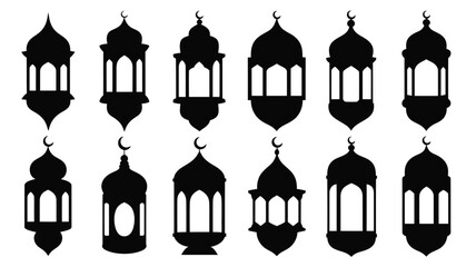 Obraz premium Black silhouettes of various lanterns with crescent moons on top hanging lamps in different shapes and designs on white background for decoration and ramadan celebration