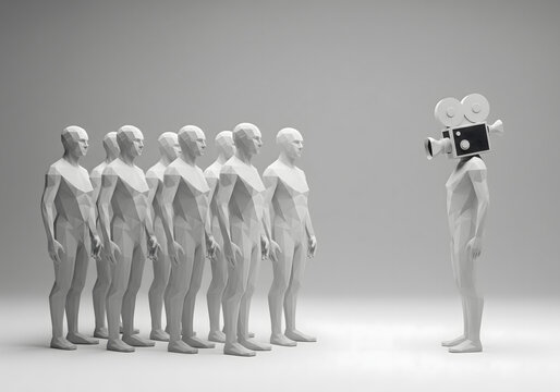 A group of identical, faceless male figures stand in a line, facing a single figure whose head is a vintage film camera, symbolizing conformity vs. media.