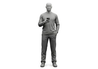 Obraz premium 3D render of a faceless man in a grey long-sleeved shirt and grey pants, holding a smartphone in a white studio.