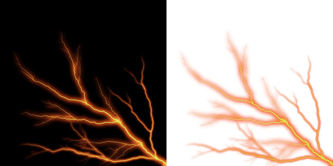orange electric lightning and molten plasma branches png isolated on black, glowing energy branches abstract power background, electric and plasma energy contrast on black
