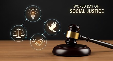 Gavel on a wooden table with symbols of justice and social equality