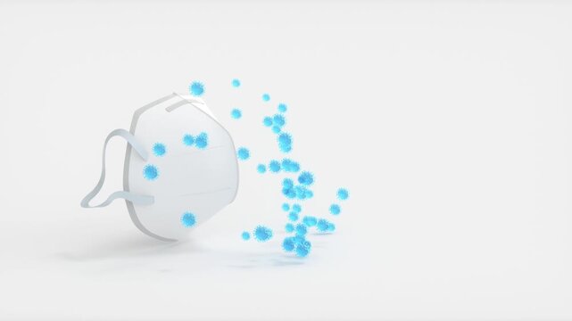 Coronavirus particles are captured by a protective mask on a white background, highlighting the mask's effectiveness in preventing virus spread in this dynamic medical footage