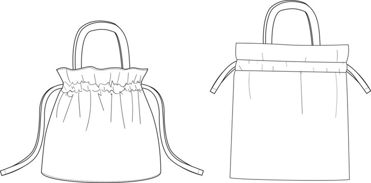 Drawstring Pouch Bag Technical Flat Sketch, Small Fabric Bucket Bag Template Front and Back View