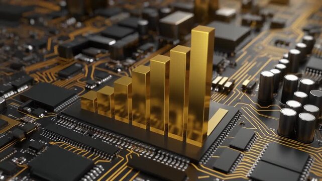 Close-up digital illustration of computer motherboard with capacitors, integrated circuits, and printed circuit traces, overlaid with 3D golden bar graph increasing in height from left to right, symbo