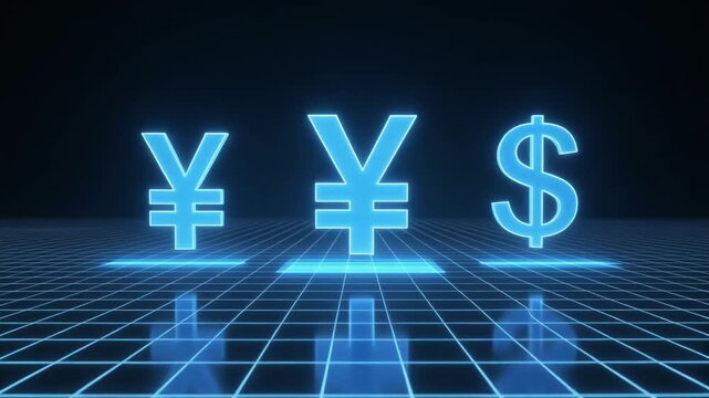 Digital futuristic illustration of glowing currency symbols on dark grid surface, Japanese Yen, Chinese Yuan, and US Dollar rendered in bright neon blue, modern high-tech style representing global fin