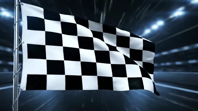 Waving Checkered Racing Flag at Finish Line in Modern Stadium with Motion Blur and Dramatic Lighting