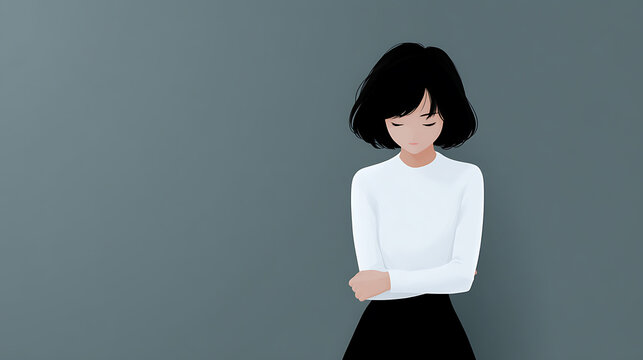 A woman in a white blouse and black skirt, with a sad expression