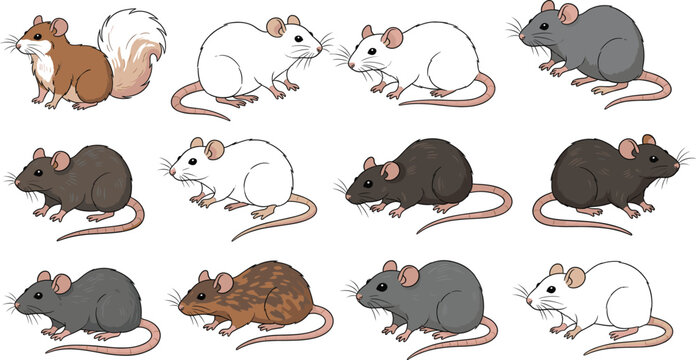 Realistic Mouse and Rat Set in Different Colors and Poses Detailed Rodent Animal Vector Illustration Collection