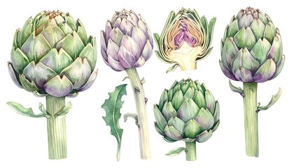 Obraz premium Watercolor Artichoke Illustrations - Whole and Cut Views.