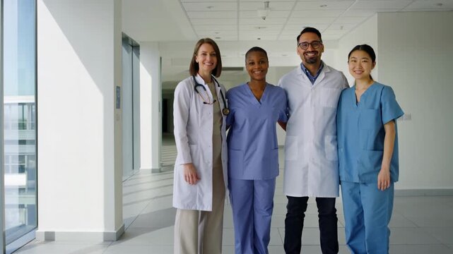 Diverse group of healthcare professionals posing together in a hospital corridor