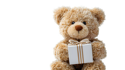 Teddy bear with gift on black background isolated on transparent background