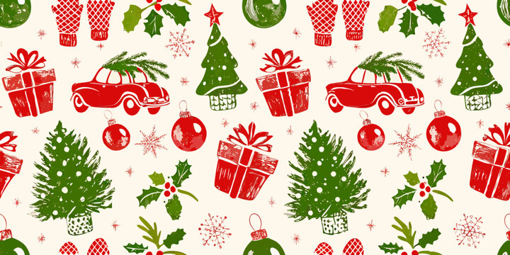 Festive christmas pattern with vintage illustrations of gifts and cars