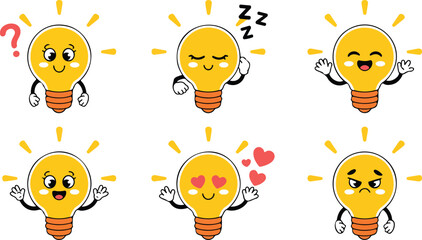 Cute Light Bulb Character Emotions Illustration Set Showing Ideas, Feelings, and Expressions