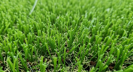 Fototapeta premium Closeup view of vibrant green artificial grass with visible fibers and soil underneath