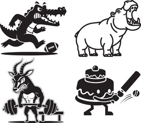Vector cartoon animal mascots: alligator playing football, hippo, muscular gazelle lifting weights, cake playing cricket, isolated on white