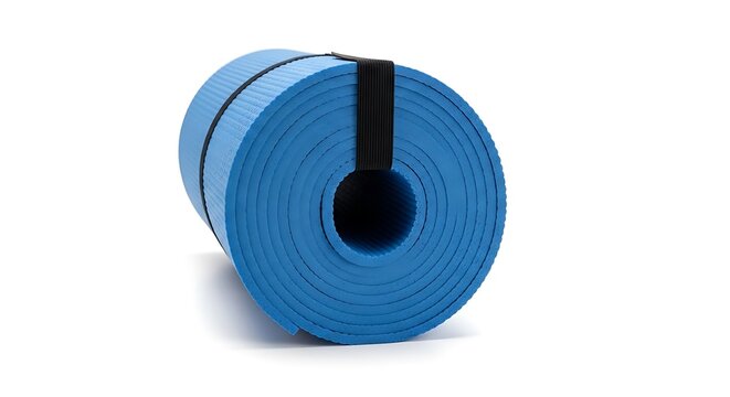 Rolled blue exercise yoga mat with black carrying strap on white background exercise mat blue mat