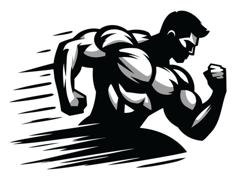 Muscular male body builder logo sprinting forward with speed lines, symbolizing strength, speed, and peak athletic performance