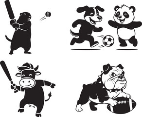 Vector black and white animal sports characters playing baseball, soccer, and American football, isolated on white